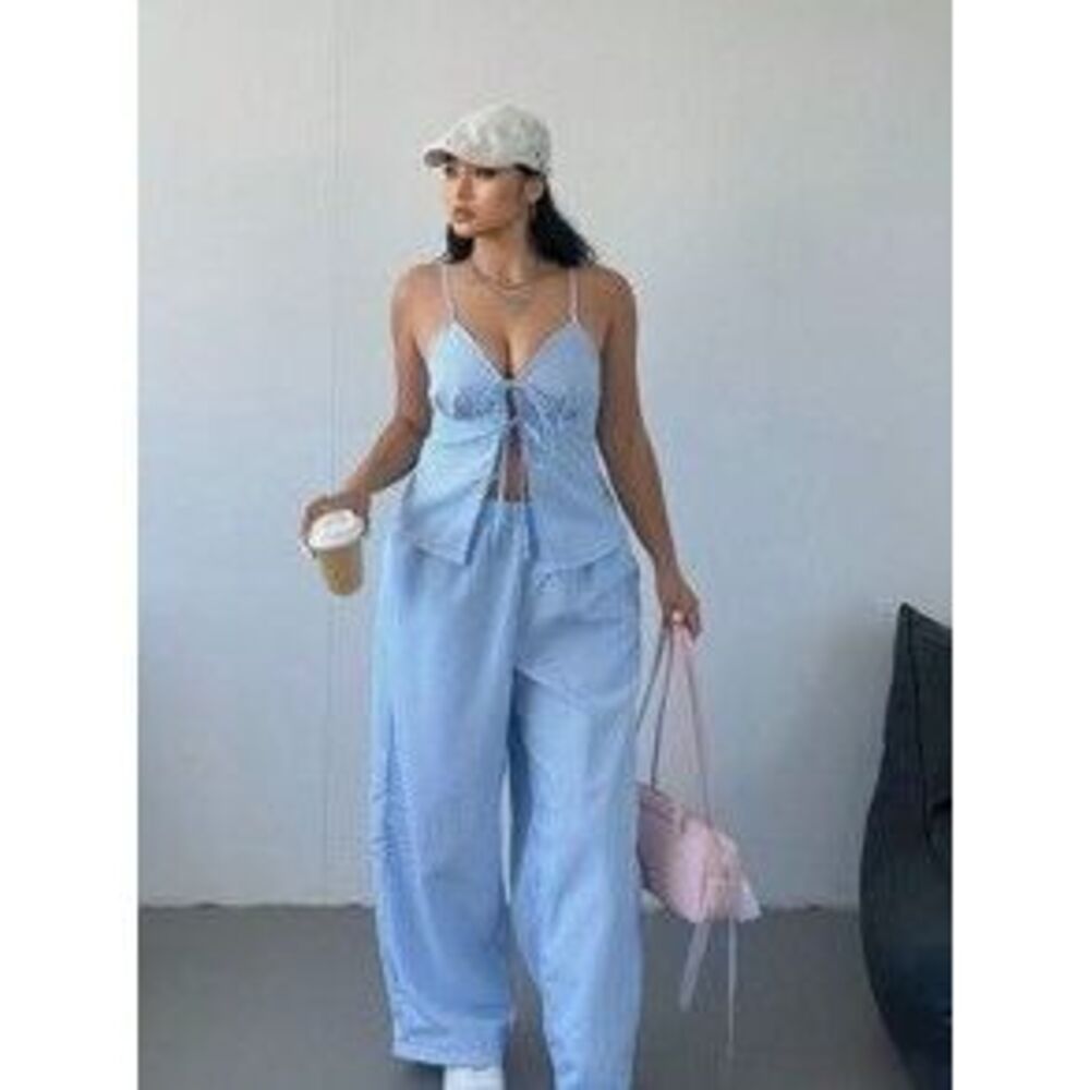 POPSWAY Sexy Striped V-Neck Camisole & Elastic Waist Wide Leg Pants Outfit For …